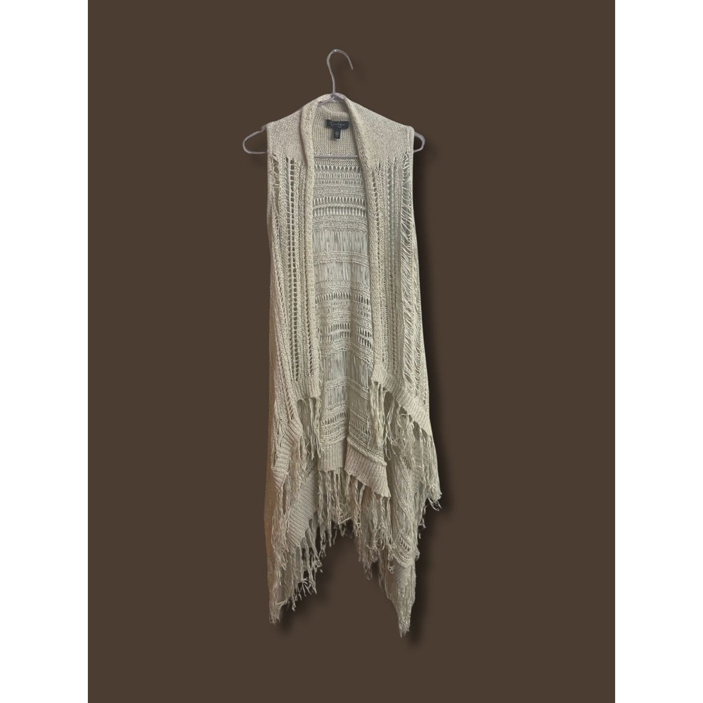 Festival Boho Crochet Knit Fringe Vest Cream Sleeveless Cardigan Large